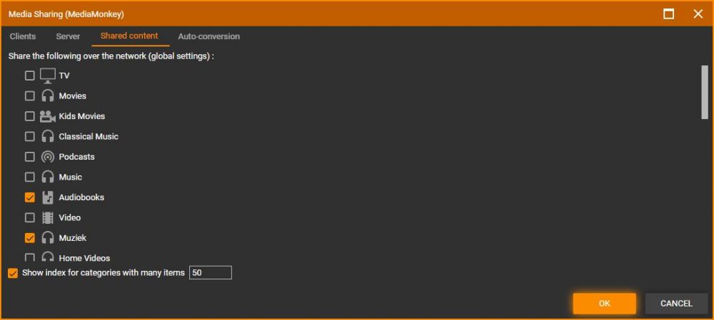 MediaMonkey Media Sharing Shared Content Tab Options